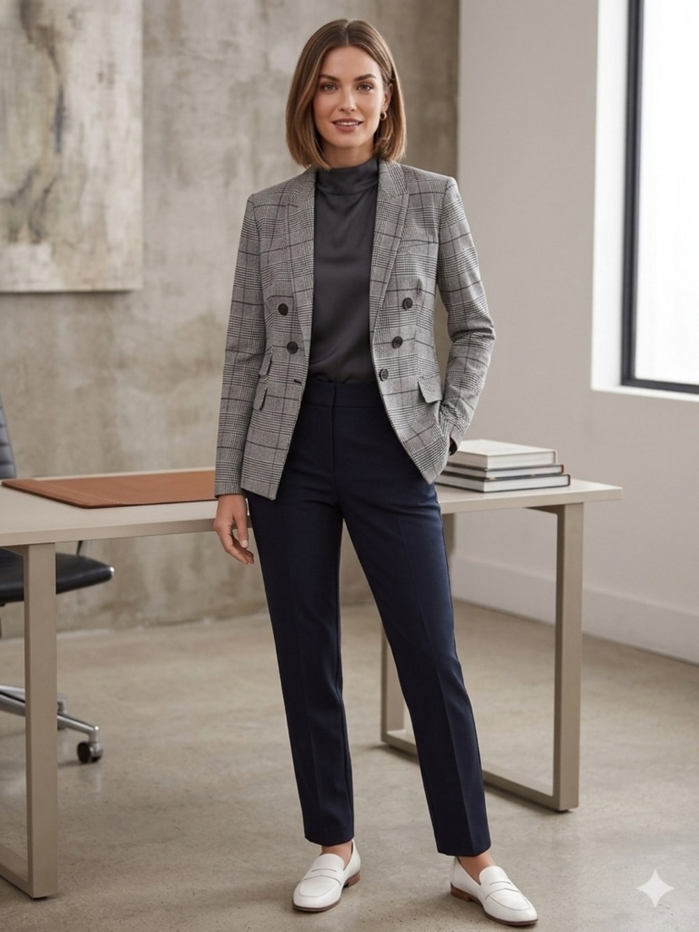 Express Gray Plaid Double-Breasted Blazer with Navy Trousers